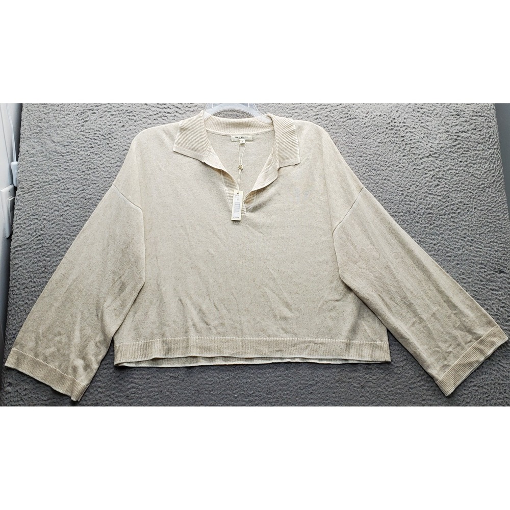 Max Studio Polo Sweater Womens M Tan Tight Knit Long Sleeve Collared Pullover